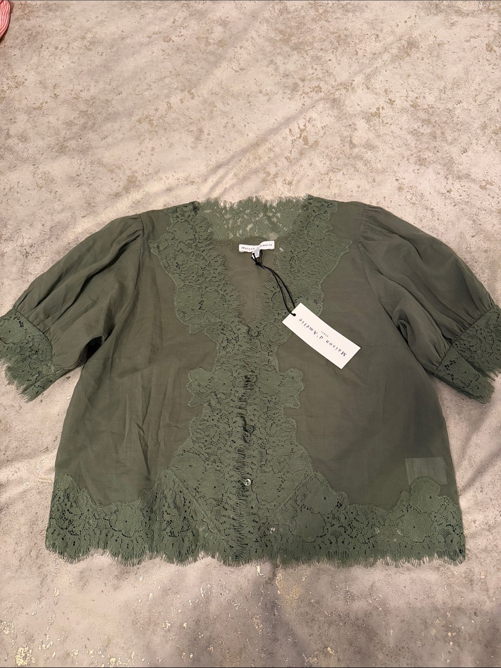 Olive Green Lace-Trim Short Sleeve Blouse